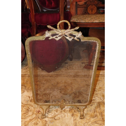 1134 - Antique Brass Framed Fire Screen with Three Antique Cast Brass Fire Irons Four Pieces in Lot