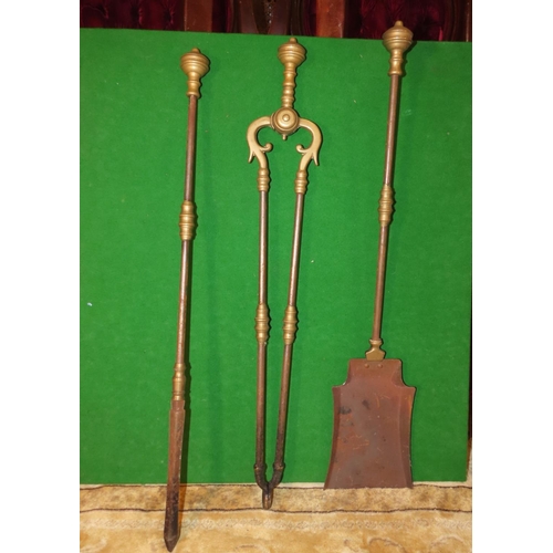 1134 - Antique Brass Framed Fire Screen with Three Antique Cast Brass Fire Irons Four Pieces in Lot