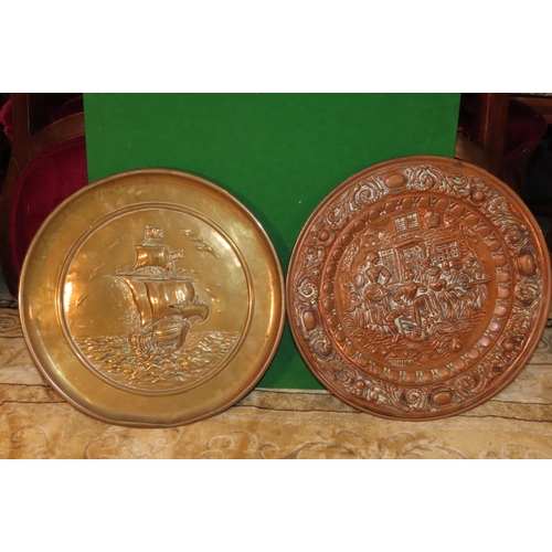 1136 - Two Large Salvers One Cast Brass One Copper Each Approximately 14 Inches Diameter