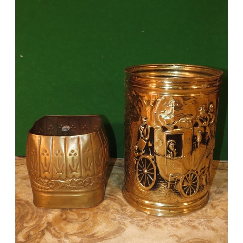 1137 - Cast Brass Stick and Umbrella Stand with Embossed Decoration Depicting Coaching Scene and Another Tw... 