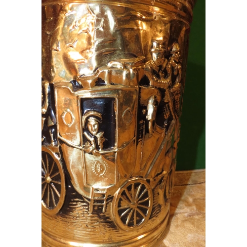 1137 - Cast Brass Stick and Umbrella Stand with Embossed Decoration Depicting Coaching Scene and Another Tw... 