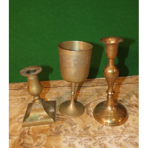 1139 - Two Cast Brass Candlesticks with Goblet and Pair of Antique Cast Brass Candlesticks Five Items in Lo... 