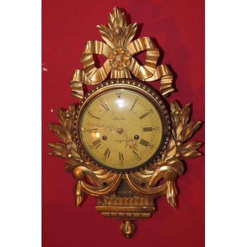 1144 - Carved Giltwood Cartel Clock with Upper Ribbon Motif Decoration Approximately 14 Inches High