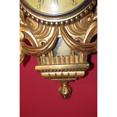 1144 - Carved Giltwood Cartel Clock with Upper Ribbon Motif Decoration Approximately 14 Inches High