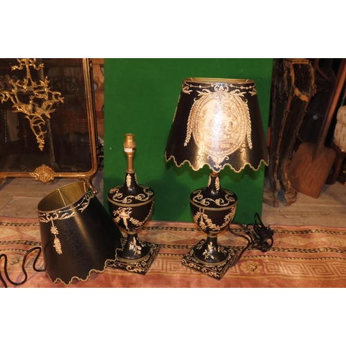 1152 - Pair of Toileware Urn Form Table Lamps with Handpainted Decoration Electrified Working Order Good Or... 