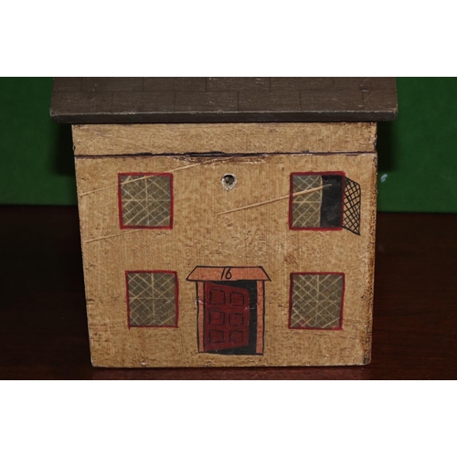 1158 - Handpainted House Motif Tea Caddy with Hinged Top and Key Contained within