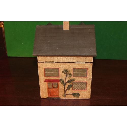 1158 - Handpainted House Motif Tea Caddy with Hinged Top and Key Contained within