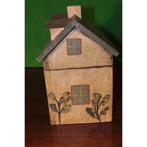 1158 - Handpainted House Motif Tea Caddy with Hinged Top and Key Contained within