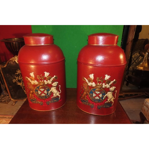 1159 - Pair of Red Ground Toileware Tea Caddys with Original Covers Decorated with Armorial Crests Each App... 