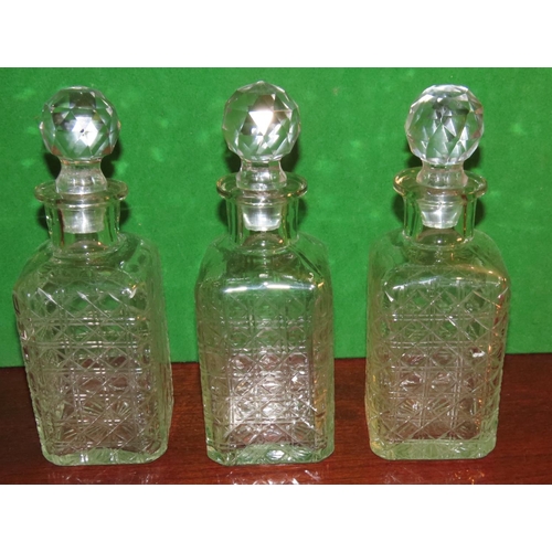 1163 - Set of Three Cut Crystal Decanters Modernist Form with Silver Plated Triangular Form Rest with Origi... 