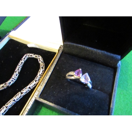 1183 - Ladies Solid Silver Bracelet with Two Solid Silver Mounted Gemset Rings Size M and a Half and N