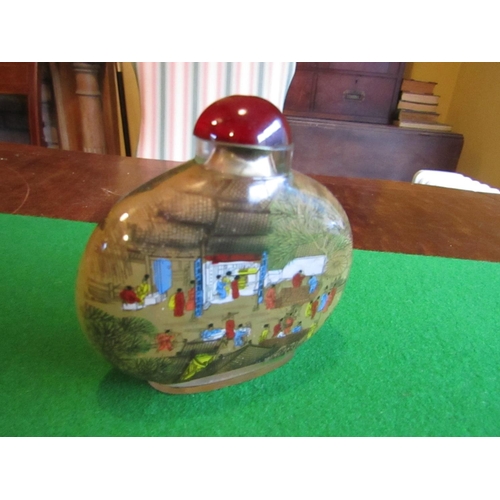 1186 - Reverse Glass Painted Oriental Snuff Bottle with Original Cabochon Cut Stopper Approximately 4 Inche... 