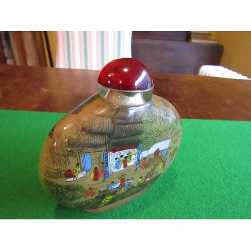 1186 - Reverse Glass Painted Oriental Snuff Bottle with Original Cabochon Cut Stopper Approximately 4 Inche... 