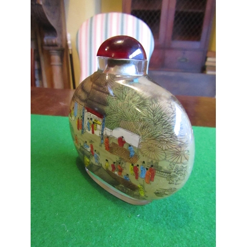 1186 - Reverse Glass Painted Oriental Snuff Bottle with Original Cabochon Cut Stopper Approximately 4 Inche... 