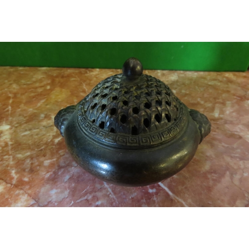 122 - Oriental Bronze Sensor with Pierced Top Original Cover Approximately 4 Inches Diameter