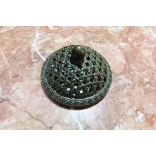 122 - Oriental Bronze Sensor with Pierced Top Original Cover Approximately 4 Inches Diameter