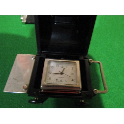 1283 - Four Chrome Plated Novelty Desk Clocks Finely Chased and Detailed Tallest Approximately 3 Inches