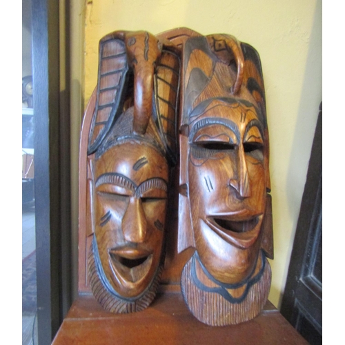 1296 - Pair of Vintage Carved Hardwood Tribal Masks Each Approximately 15 Inches High