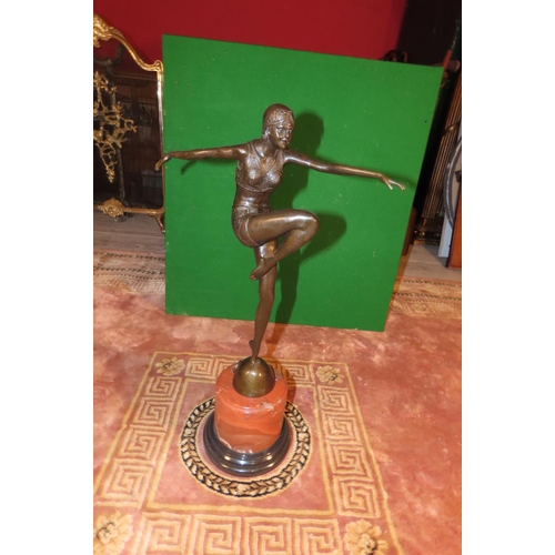 131 - Art Deco Sculpture Dancing Figure on Circular Form Rouge Marble Base Approximately 25 Inches High