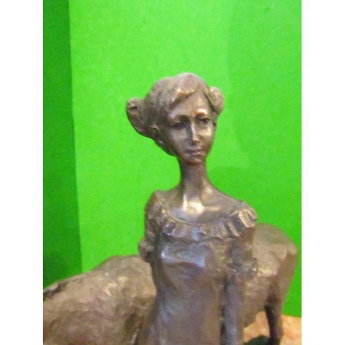 137 - Bronze Sculpture Lady with Donkey Resting on Original Rectangle Form Marble Base