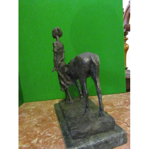 137 - Bronze Sculpture Lady with Donkey Resting on Original Rectangle Form Marble Base