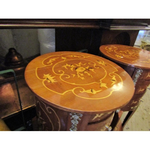 151 - Pair of Circular Form Marquetry Decorated Side Lockers Three Drawers above Shaped Form Bases Each Ap... 