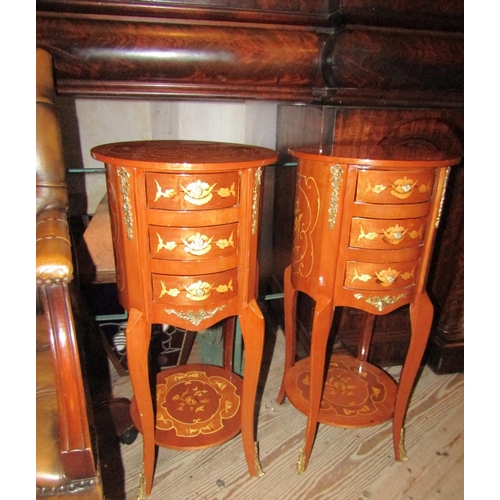 151 - Pair of Circular Form Marquetry Decorated Side Lockers Three Drawers above Shaped Form Bases Each Ap... 