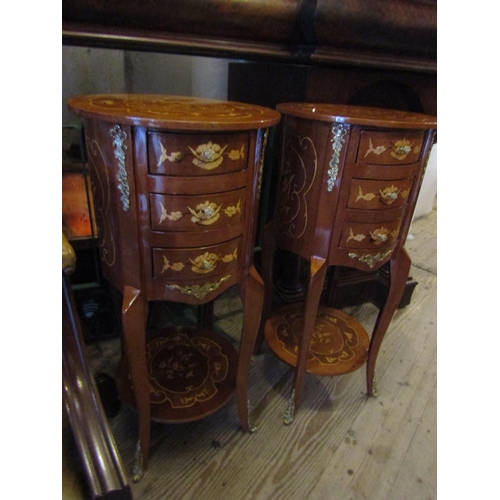 151 - Pair of Circular Form Marquetry Decorated Side Lockers Three Drawers above Shaped Form Bases Each Ap... 