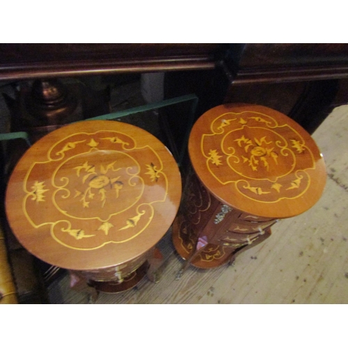 151 - Pair of Circular Form Marquetry Decorated Side Lockers Three Drawers above Shaped Form Bases Each Ap... 