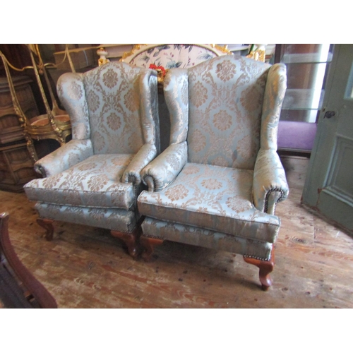 154 - Pair of Upholstered Wingback Armchairs Generous Form Queen Anne Supports Good Original Condition