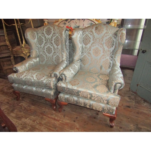 154 - Pair of Upholstered Wingback Armchairs Generous Form Queen Anne Supports Good Original Condition