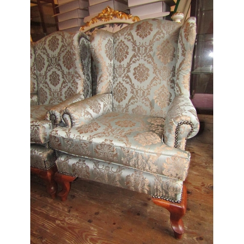 154 - Pair of Upholstered Wingback Armchairs Generous Form Queen Anne Supports Good Original Condition