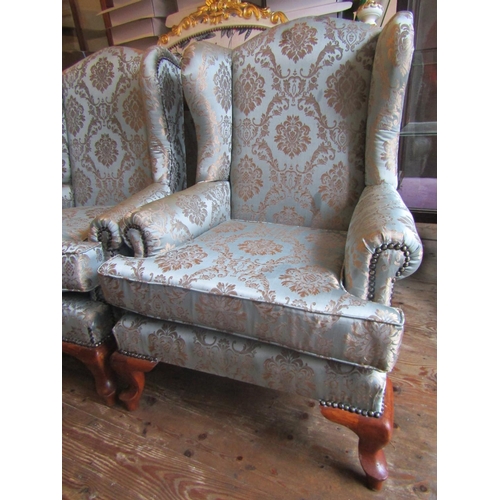 154 - Pair of Upholstered Wingback Armchairs Generous Form Queen Anne Supports Good Original Condition