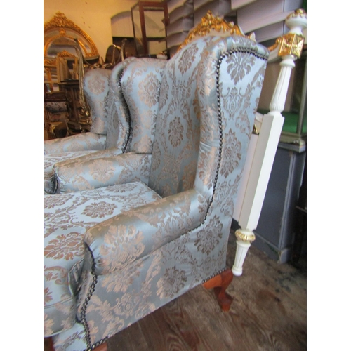 154 - Pair of Upholstered Wingback Armchairs Generous Form Queen Anne Supports Good Original Condition