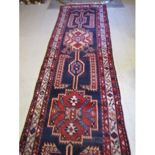 157 - Persian Pure Wool Runner Burgundy and Navy Ground Patterned Borders with Three Central Medallions Ap... 