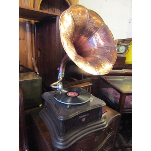 161 - Embossed Copper Horn Gramophone by Victoria Working Order with Winding Mechanism Approximately 30 In... 