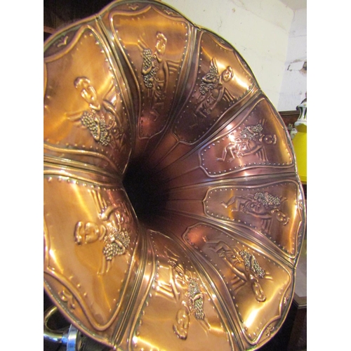 161 - Embossed Copper Horn Gramophone by Victoria Working Order with Winding Mechanism Approximately 30 In... 