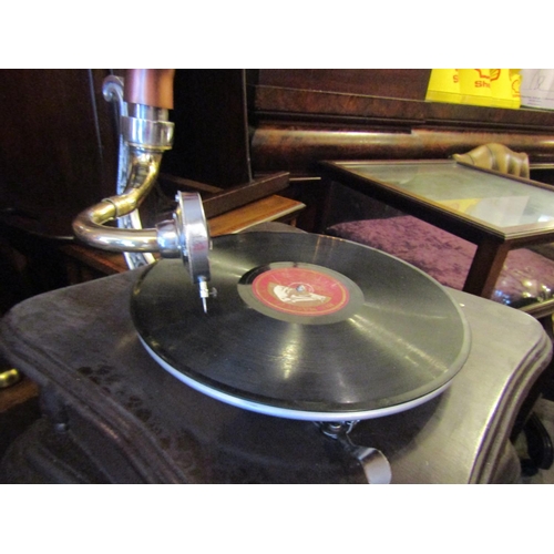 161 - Embossed Copper Horn Gramophone by Victoria Working Order with Winding Mechanism Approximately 30 In... 