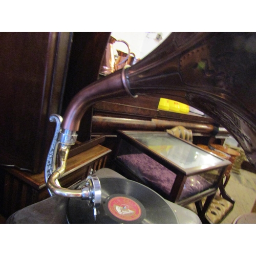 161 - Embossed Copper Horn Gramophone by Victoria Working Order with Winding Mechanism Approximately 30 In... 