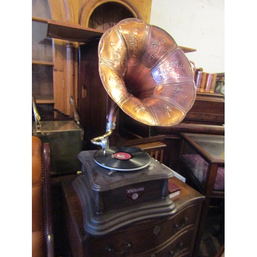 161 - Embossed Copper Horn Gramophone by Victoria Working Order with Winding Mechanism Approximately 30 In... 