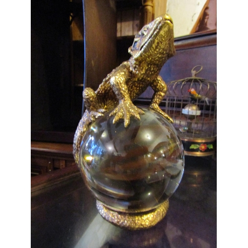 166 - Crystal Globe with Gilt Decorated Lizard Rest Approximately 7 Inches High Attractively Detailed