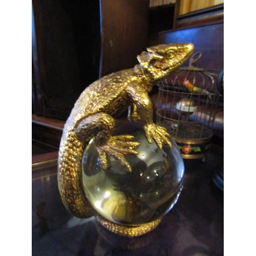 166 - Crystal Globe with Gilt Decorated Lizard Rest Approximately 7 Inches High Attractively Detailed