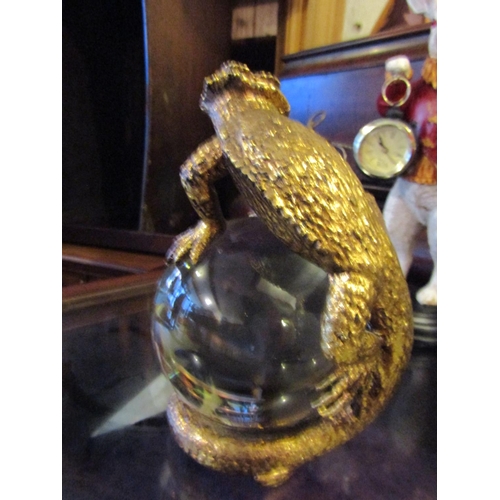 166 - Crystal Globe with Gilt Decorated Lizard Rest Approximately 7 Inches High Attractively Detailed