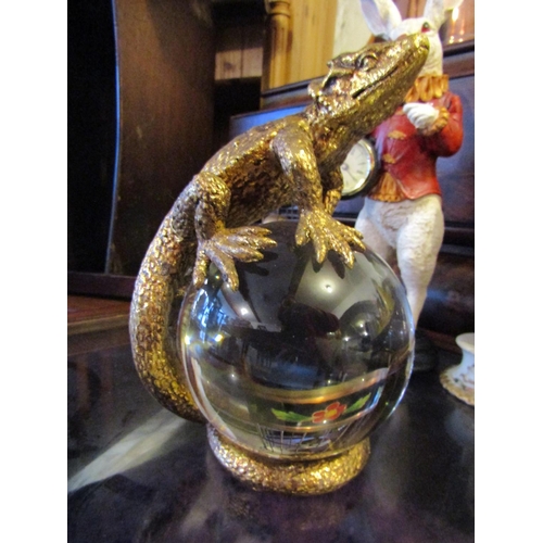 166 - Crystal Globe with Gilt Decorated Lizard Rest Approximately 7 Inches High Attractively Detailed