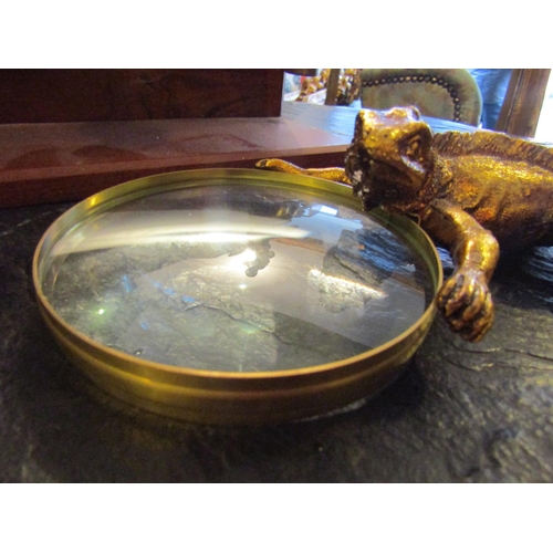 169 - Unusual Lizard Gilt Decorated Brassbound Magnifying Glass