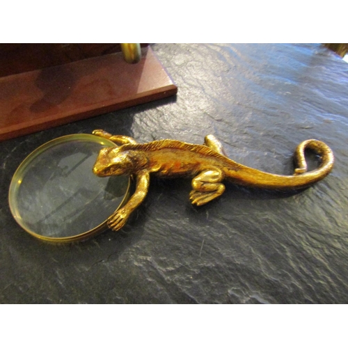 169 - Unusual Lizard Gilt Decorated Brassbound Magnifying Glass