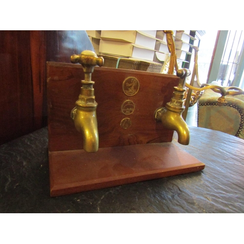 170 - Twin Brass Tap Stand Possibly Old Shop Display with Penny Farthing Inset Coins Approximately 9 Inche... 