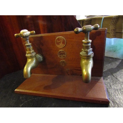 170 - Twin Brass Tap Stand Possibly Old Shop Display with Penny Farthing Inset Coins Approximately 9 Inche... 