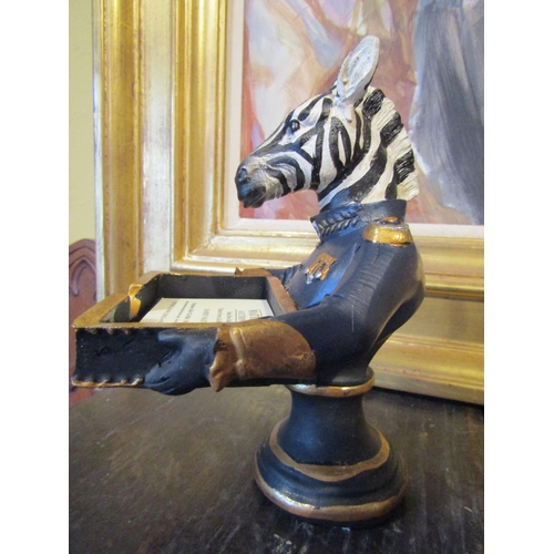 173 - Zebra Motif Polychrome Decorated Business Card Desktop Holder Approximately 4 Inches High Novelty Fo... 