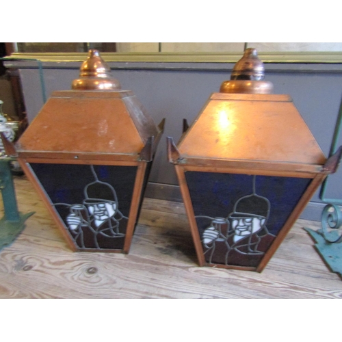 190 - Pair of Copper Lanterns with Inset Lights Leaded Glass and Cast Iron Holding Brackets Each Approxima... 